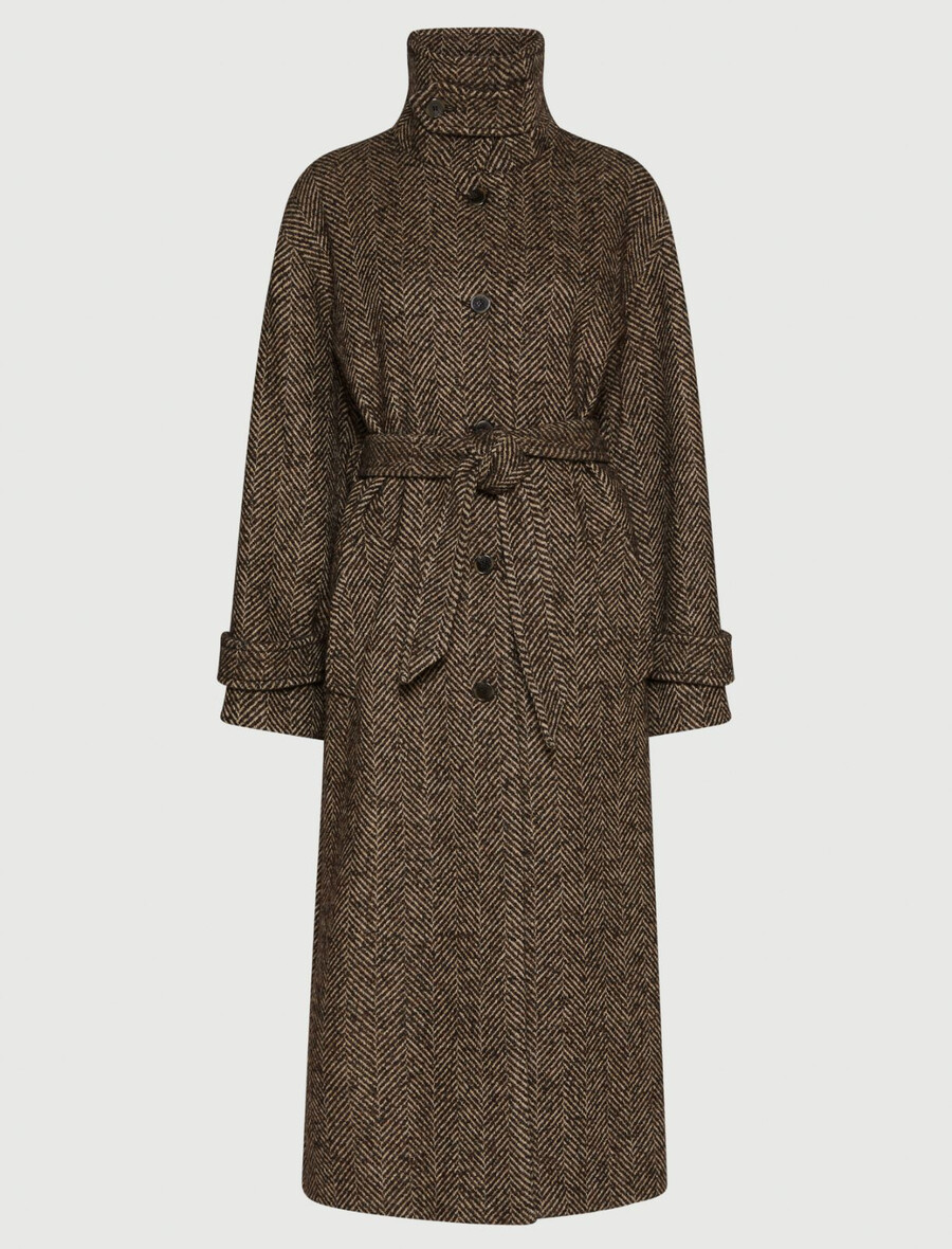 cappotto dritto in misto lana a spina di pesce - marrone