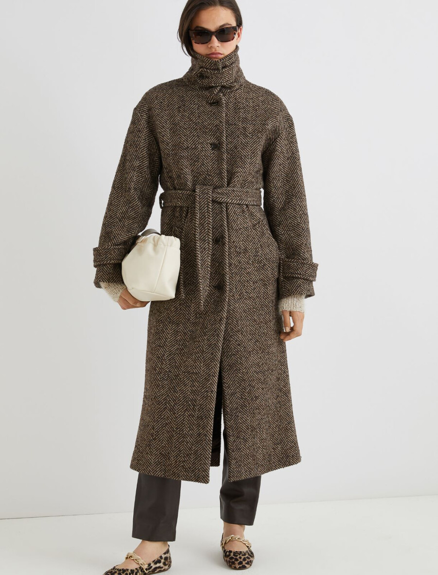 cappotto dritto in misto lana a spina di pesce - marrone