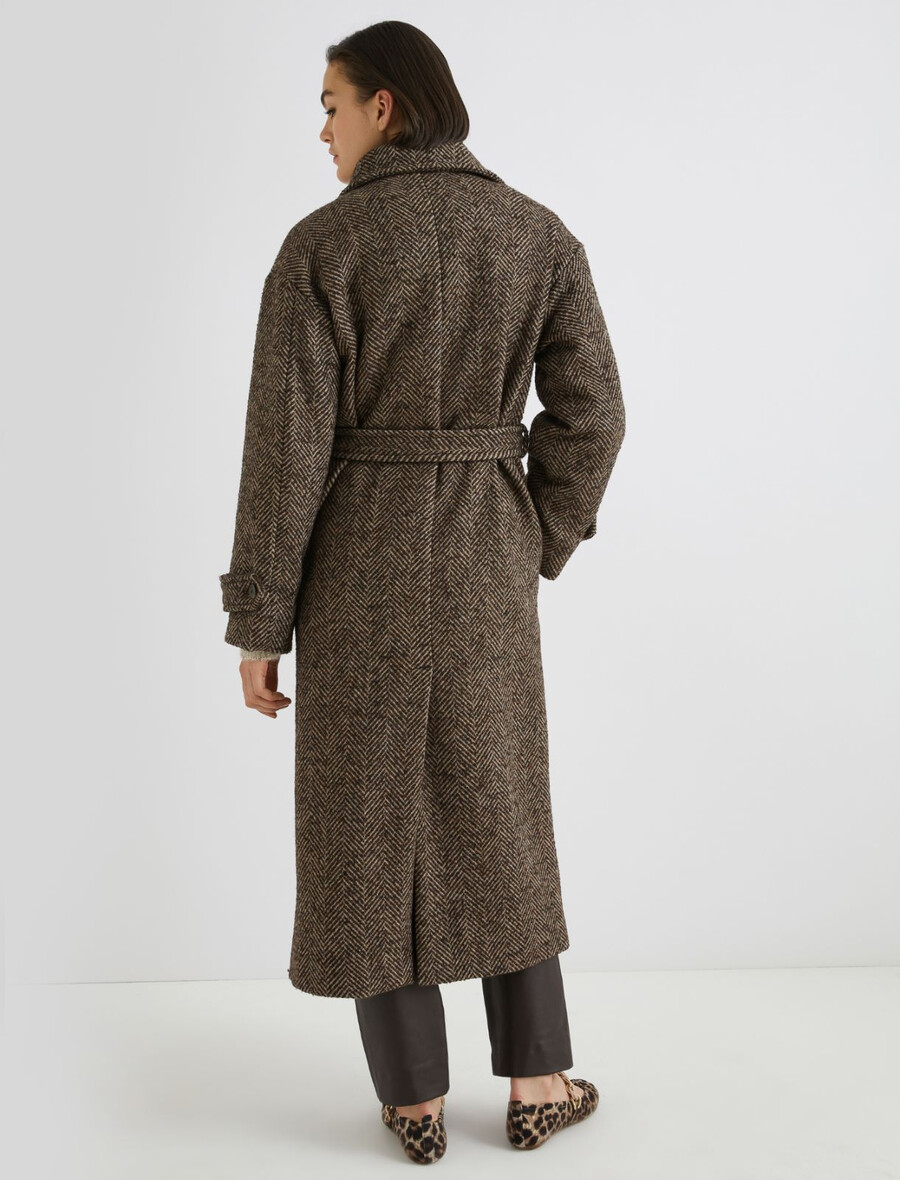 cappotto dritto in misto lana a spina di pesce - marrone