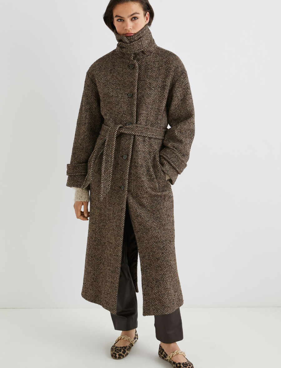 cappotto dritto in misto lana a spina di pesce - marrone