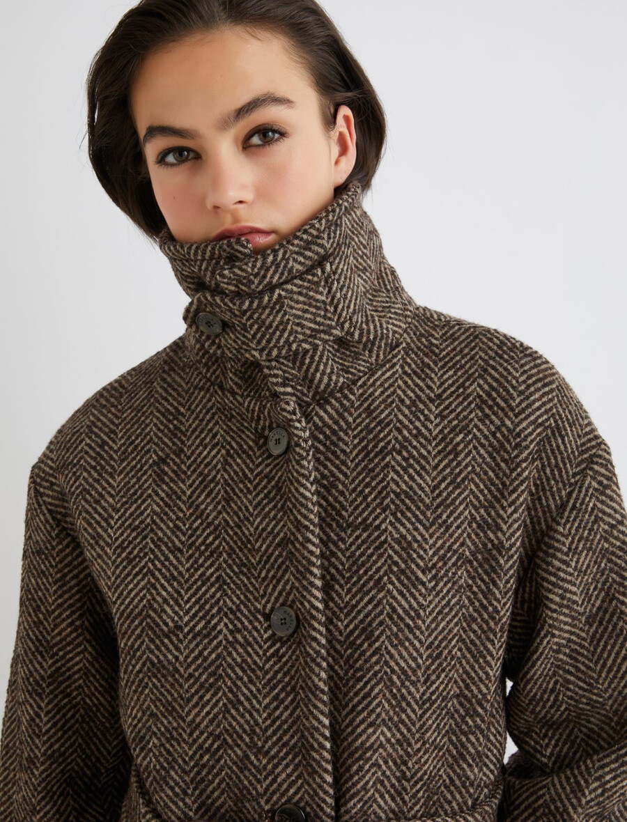 cappotto dritto in misto lana a spina di pesce - marrone