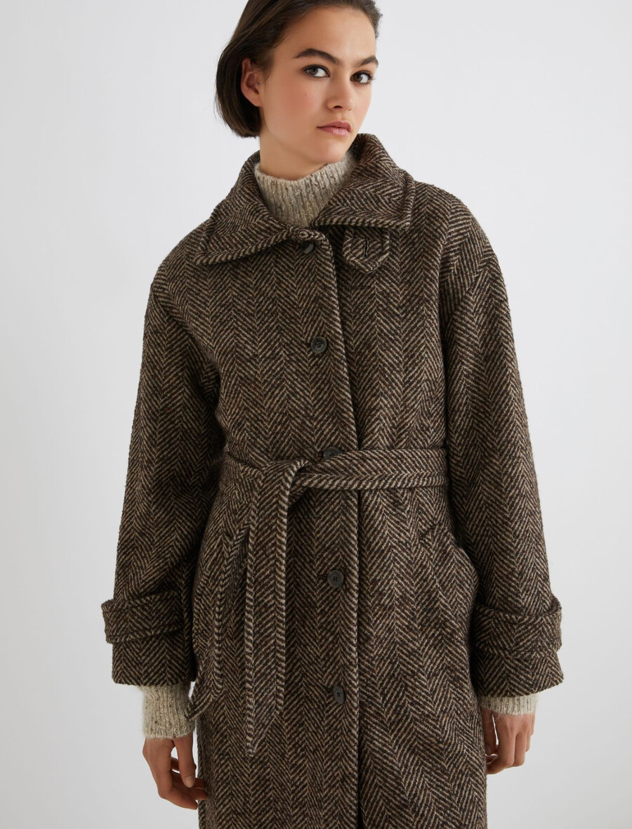 cappotto dritto in misto lana a spina di pesce - marrone