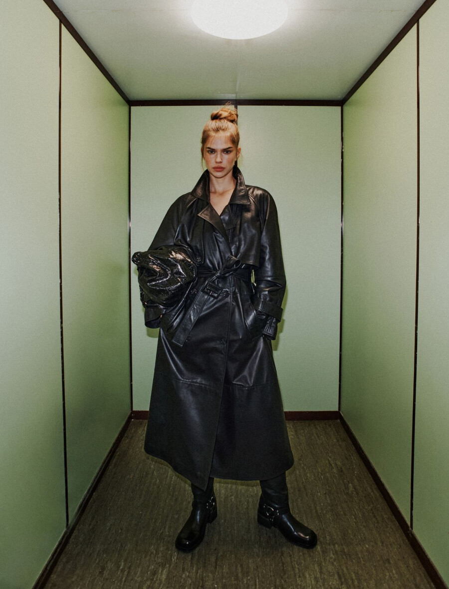 trench imbottito in pelle - nero