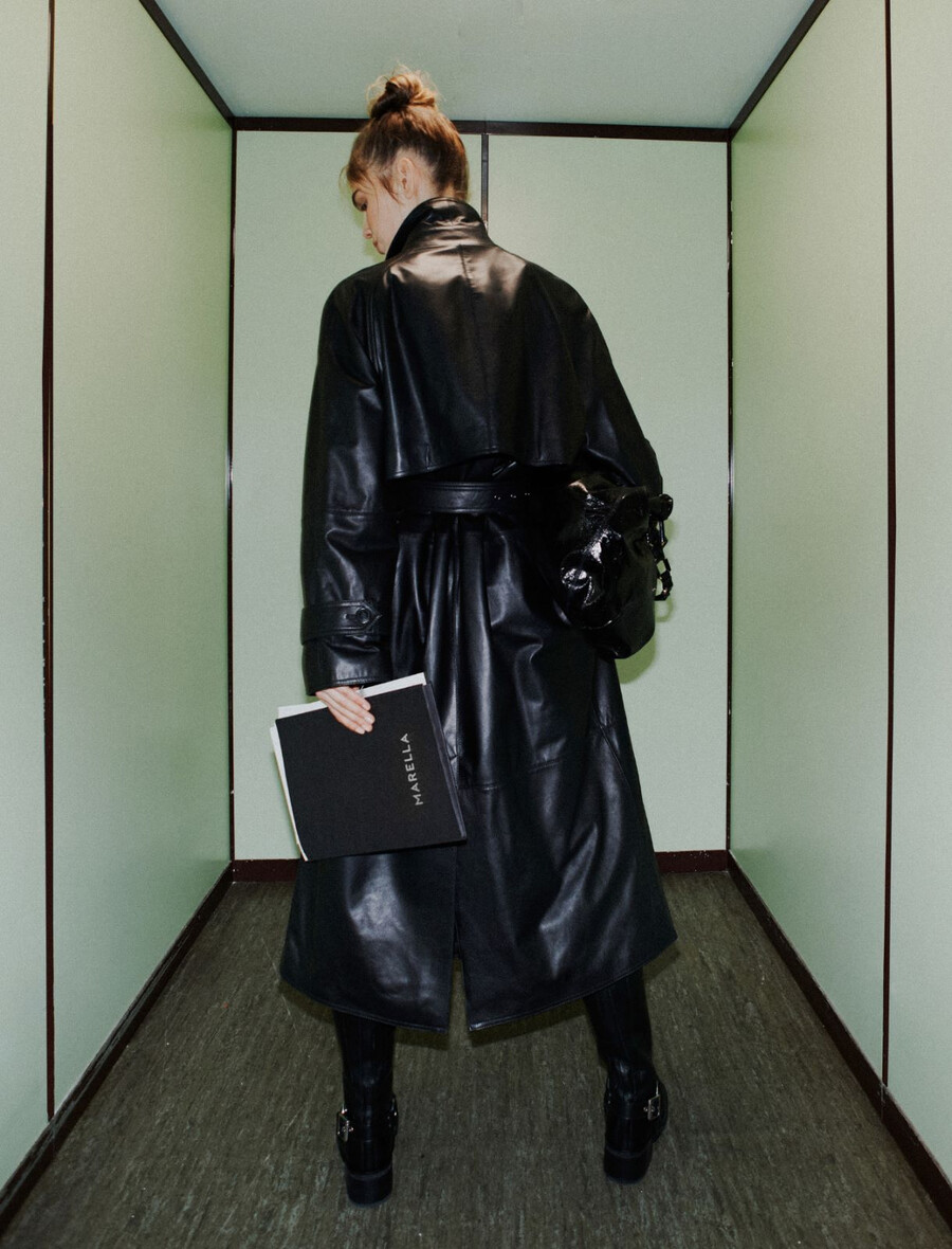 trench imbottito in pelle - nero