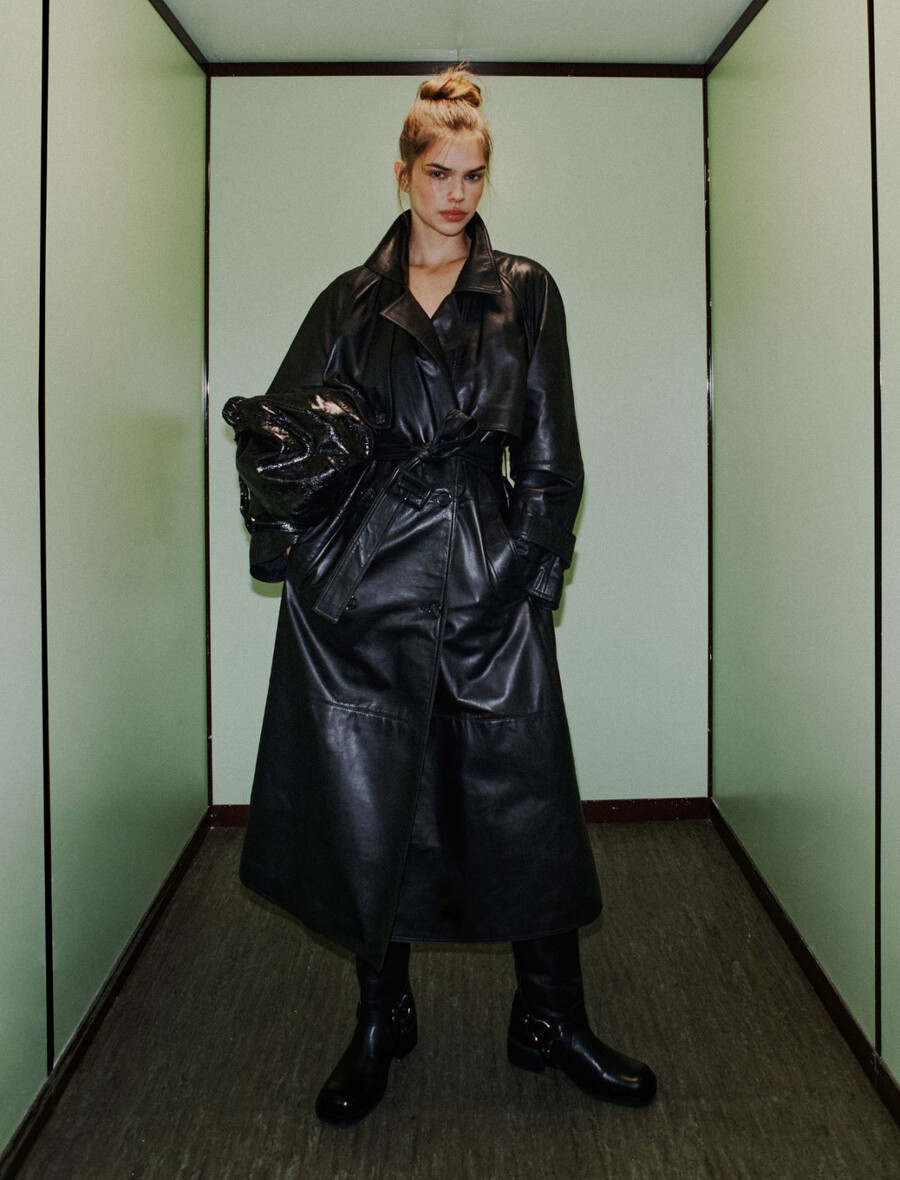 trench imbottito in pelle - nero