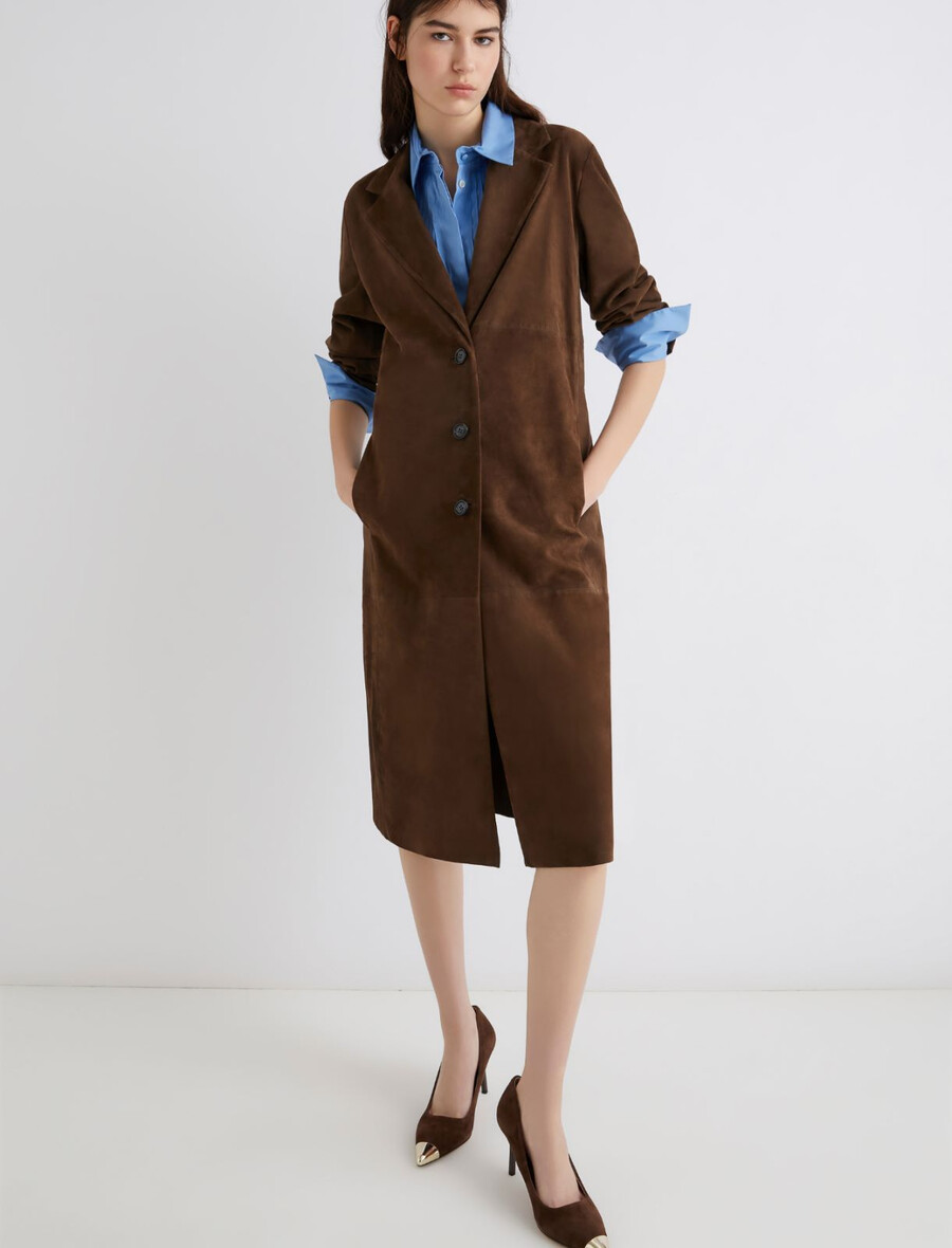 trench in pelle scamosciata - marrone