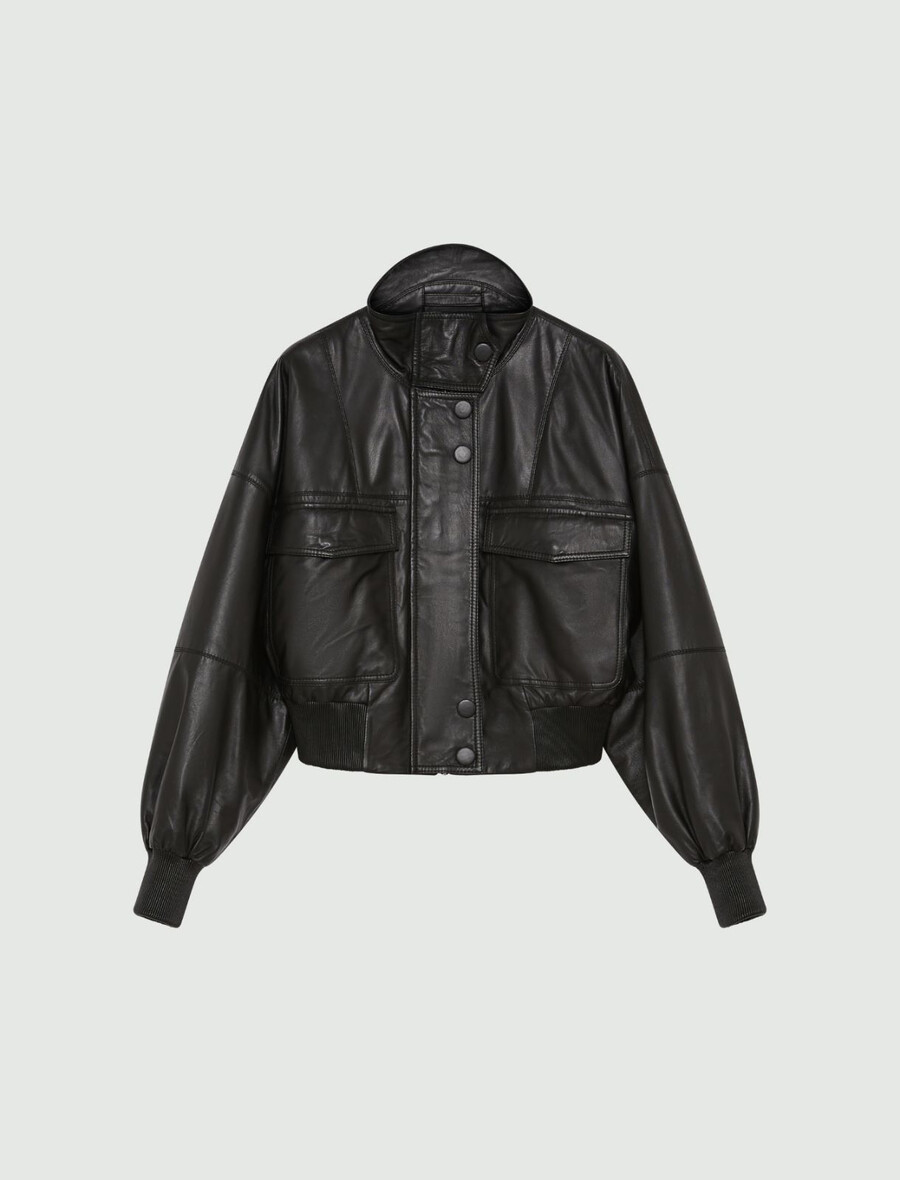 giubbotto bomber imbottito in pelle - nero