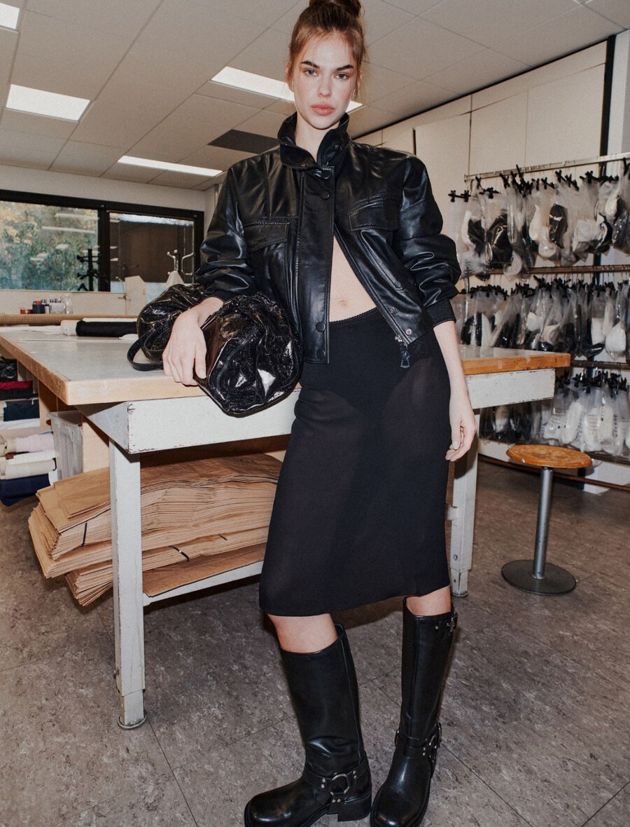 giubbotto bomber imbottito in pelle - nero