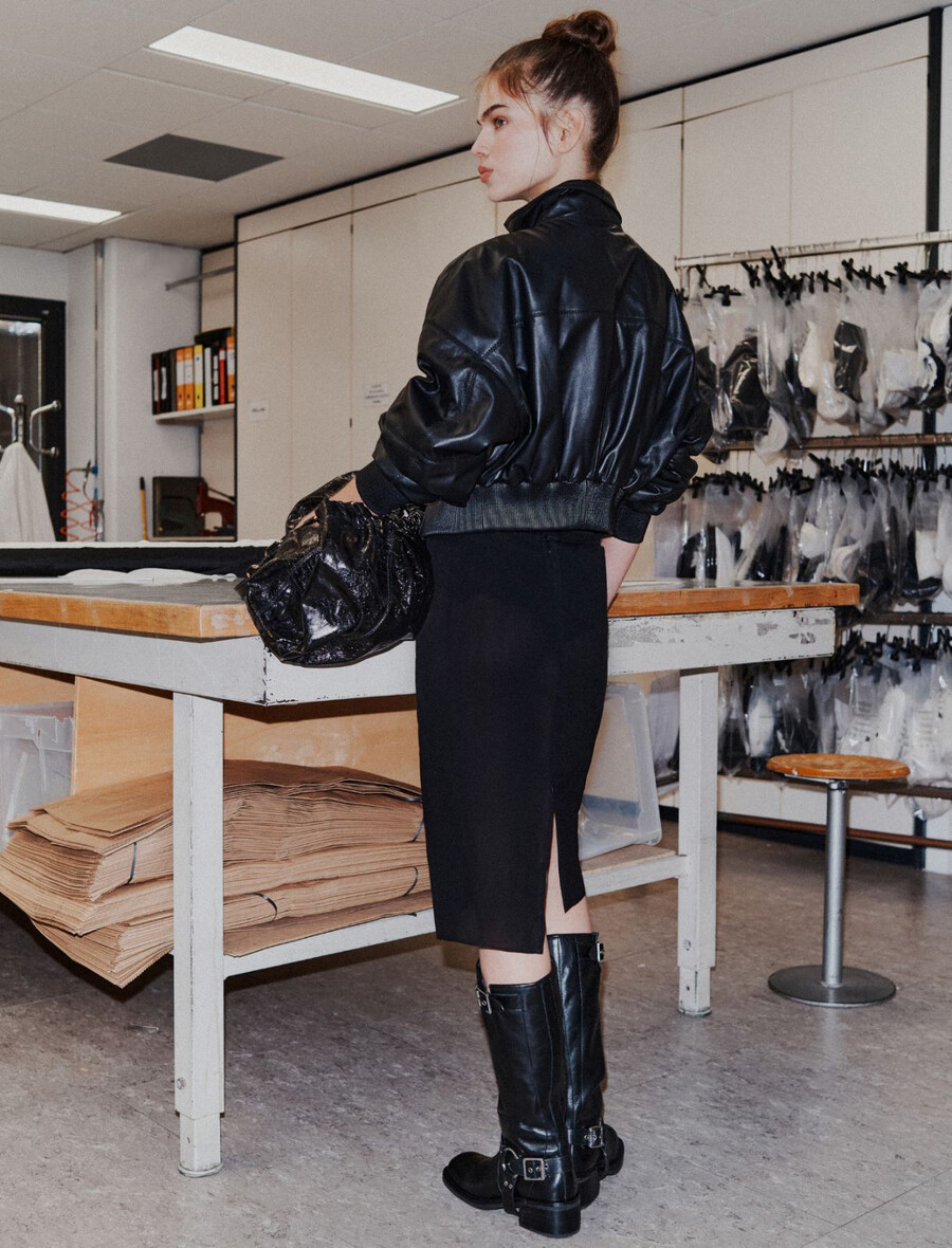 giubbotto bomber imbottito in pelle - nero