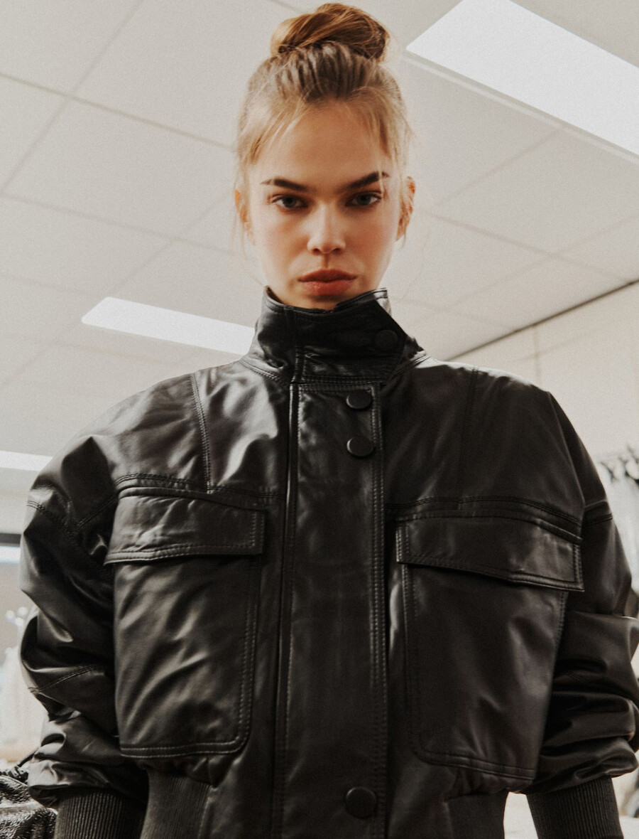 giubbotto bomber imbottito in pelle - nero