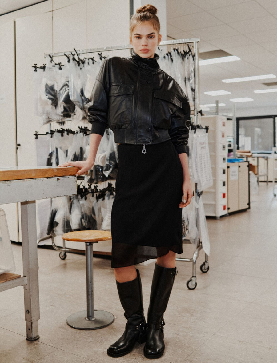 giubbotto bomber imbottito in pelle - nero