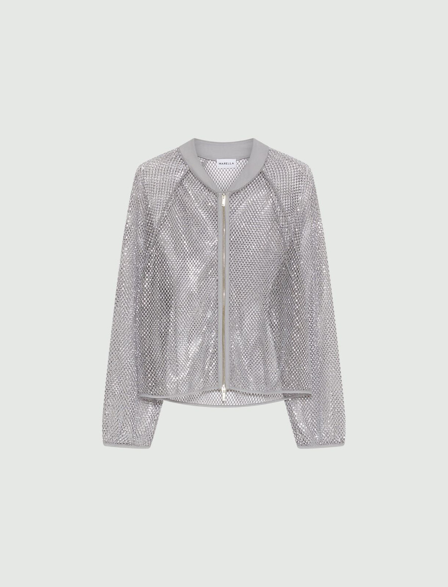 giacca blouson in rete di strass - grigio