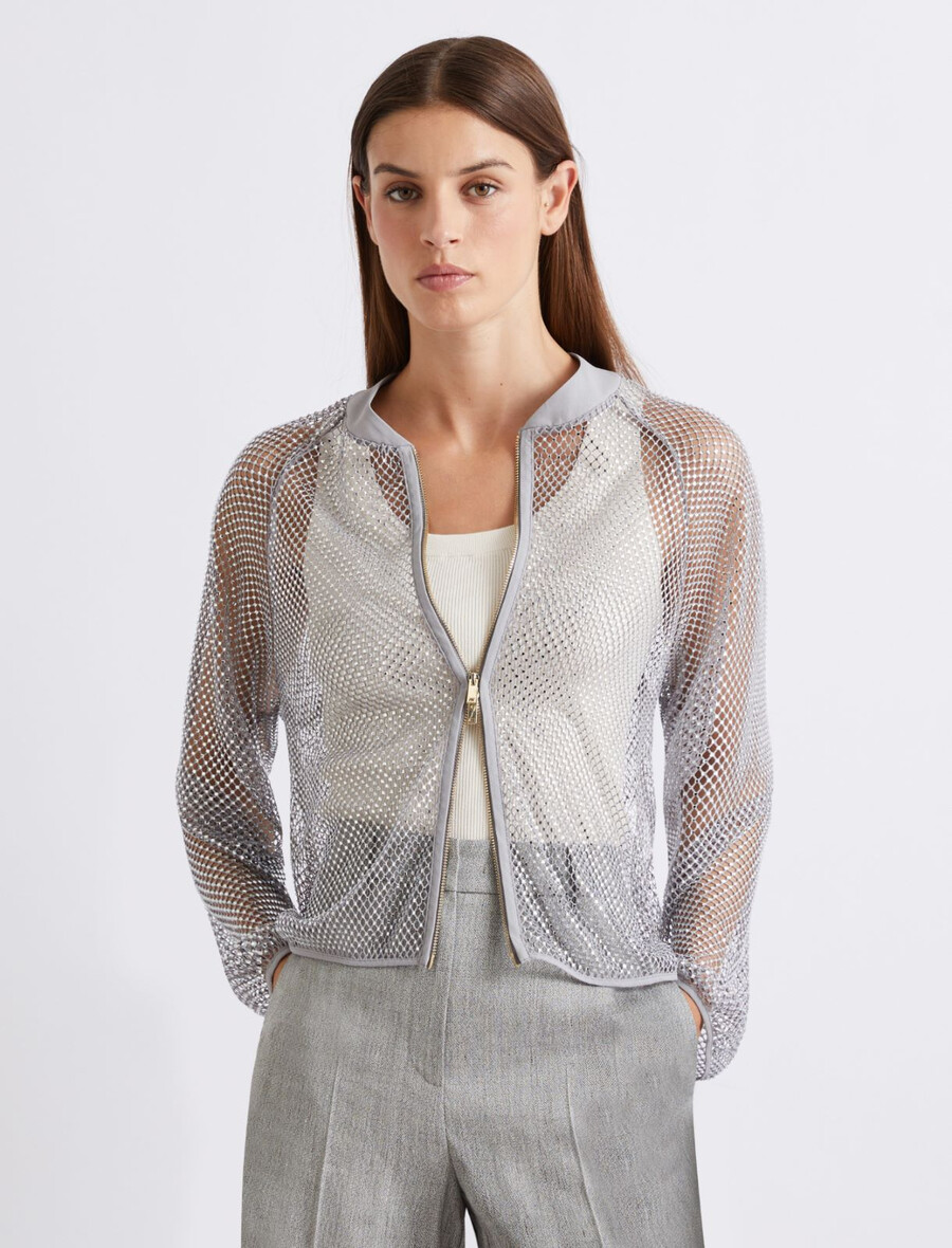 giacca blouson in rete di strass - grigio