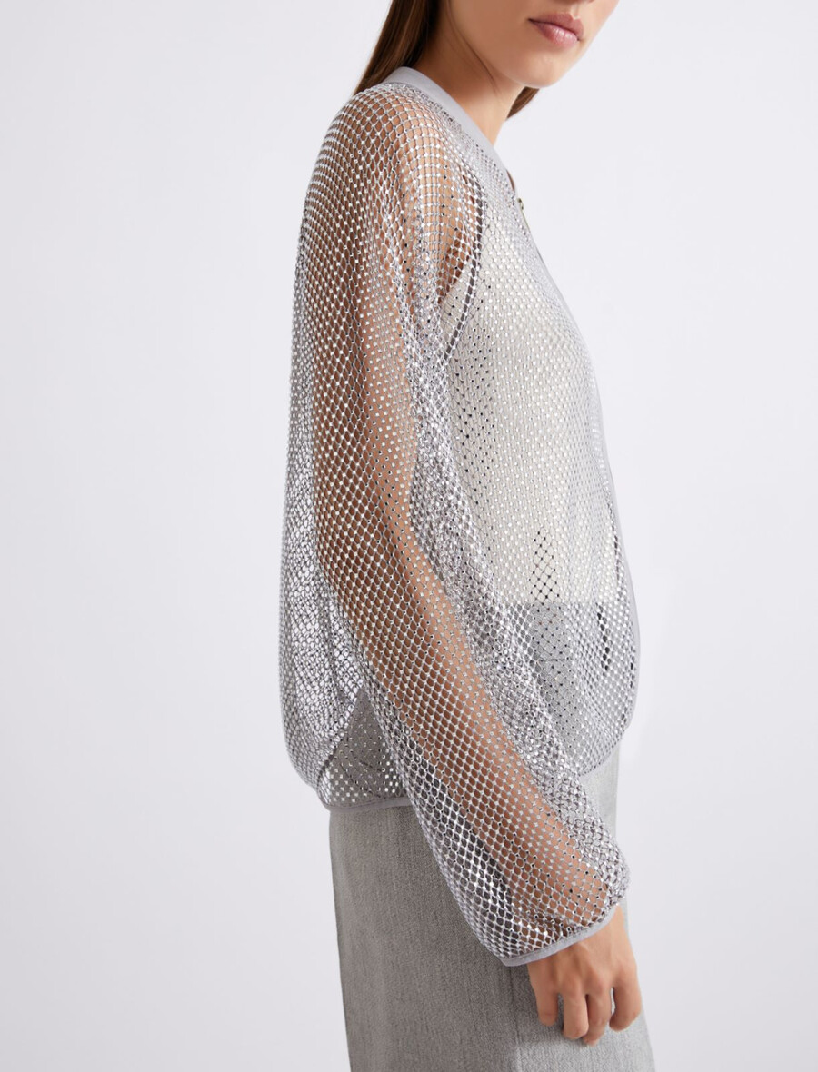 giacca blouson in rete di strass - grigio