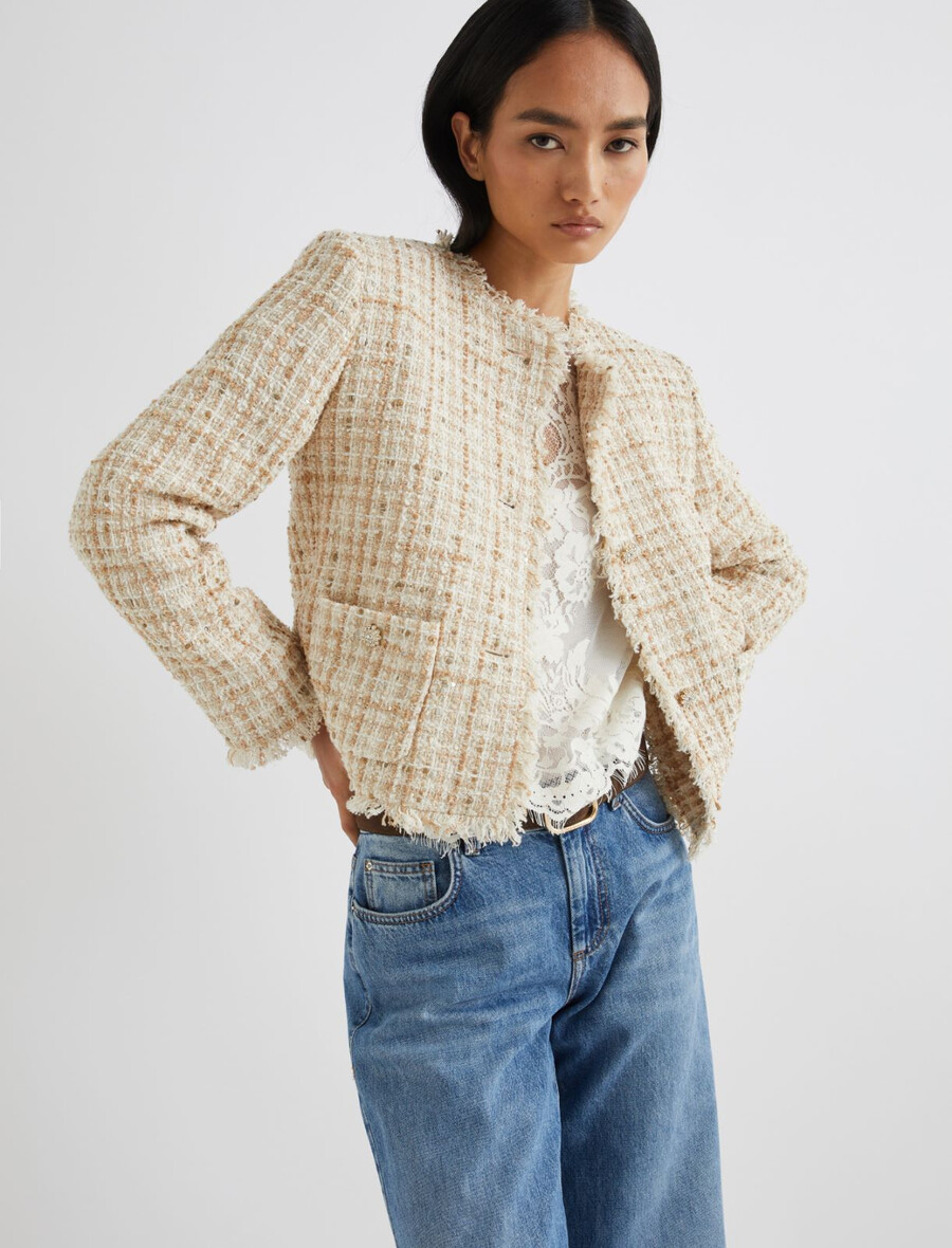 giacca corta in lamé con paillettes - beige