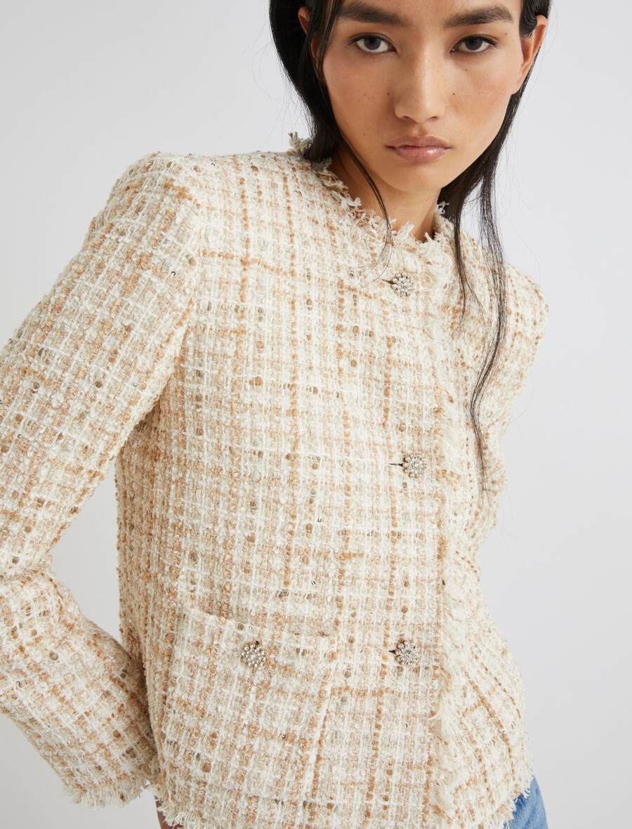 giacca corta in lamé con paillettes - beige