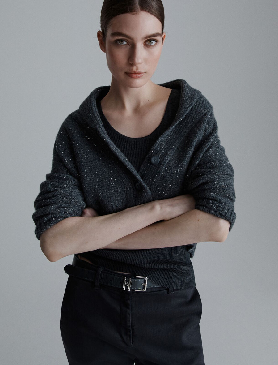 cardigan in misto cashmere con paillettes - grigio scuro