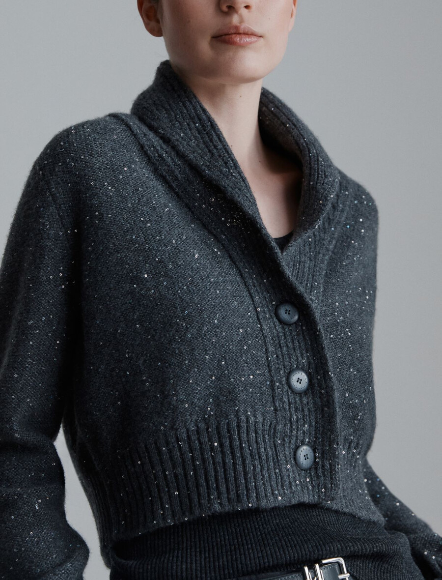 cardigan in misto cashmere con paillettes - grigio scuro