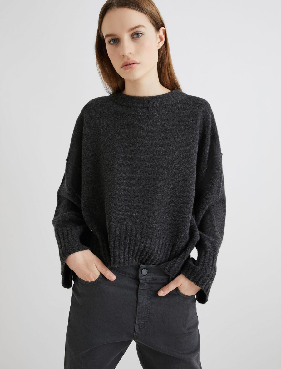 maglione girocollo in pura lana - grigio scuro