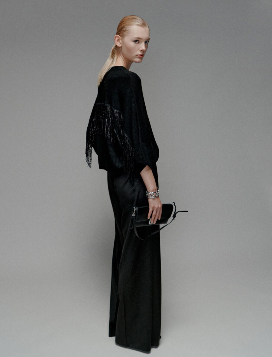 maglione in misto cashmere con frange e paillettes - nero