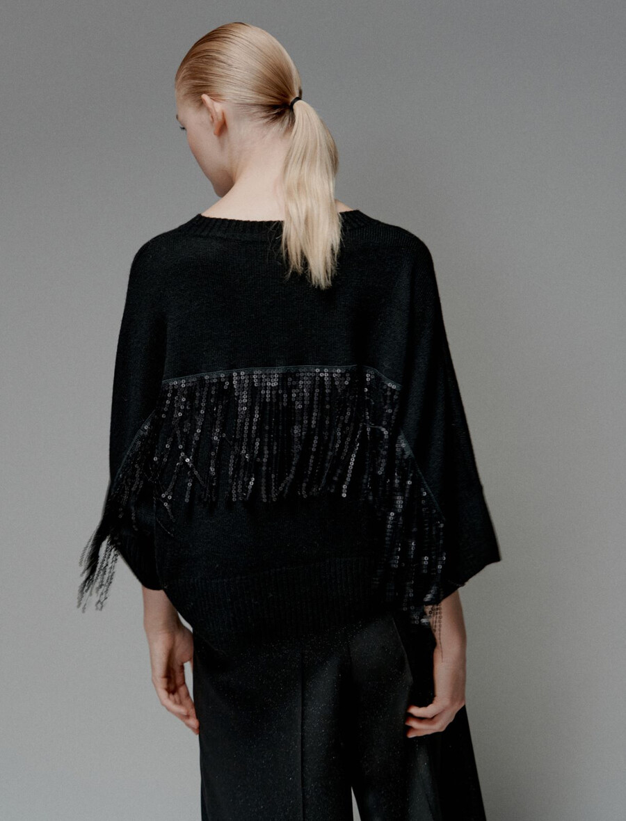 maglione in misto cashmere con frange e paillettes - nero