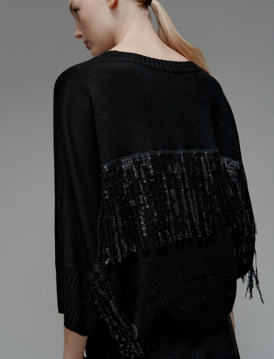maglione in misto cashmere con frange e paillettes - nero