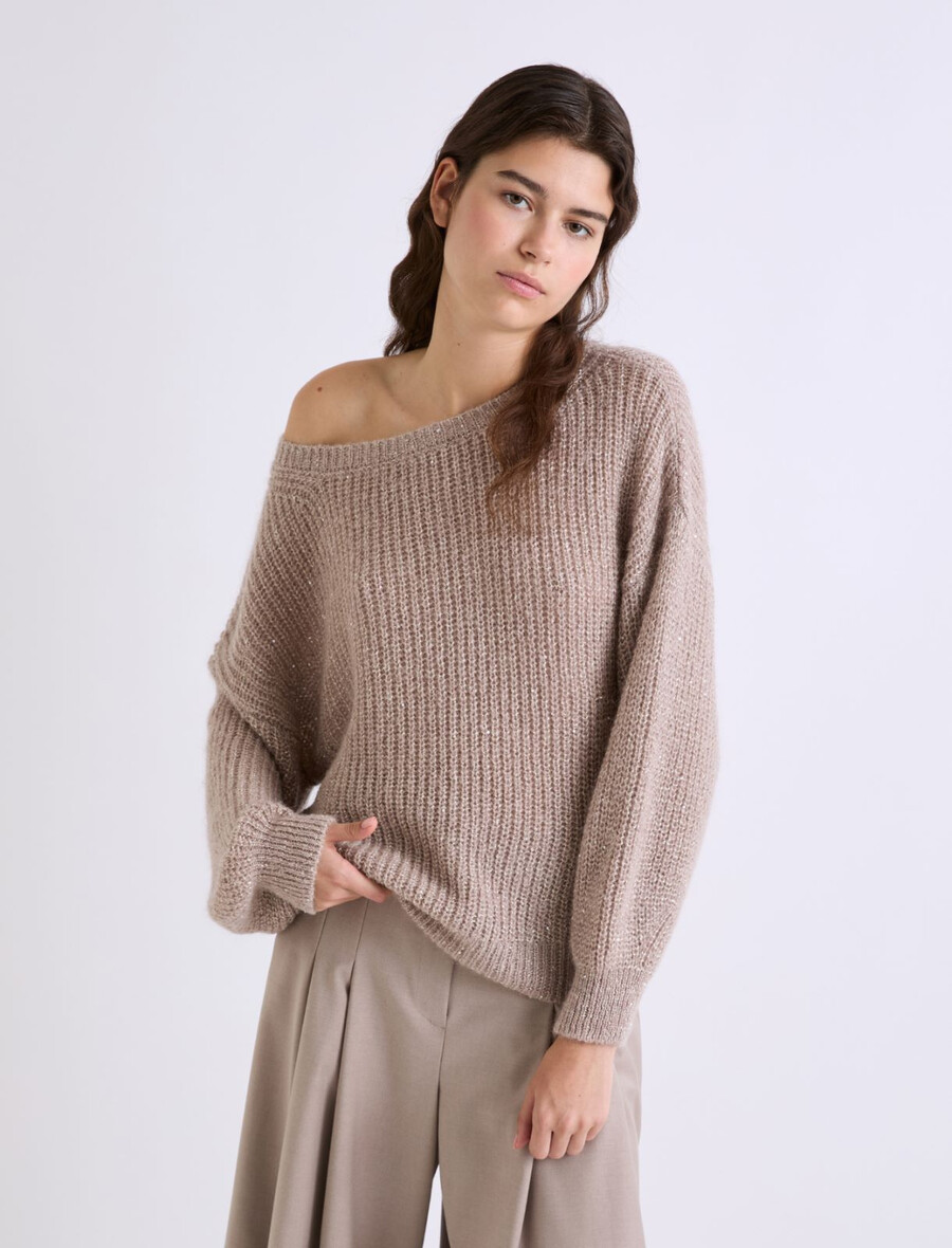 maglione in misto mohair decorato con micro paillettes - cognac