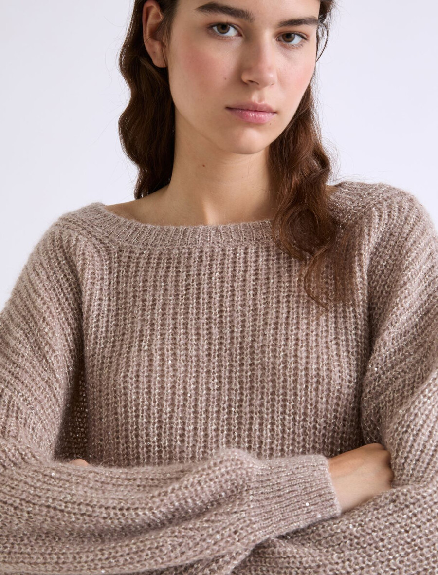 maglione in misto mohair decorato con micro paillettes - cognac