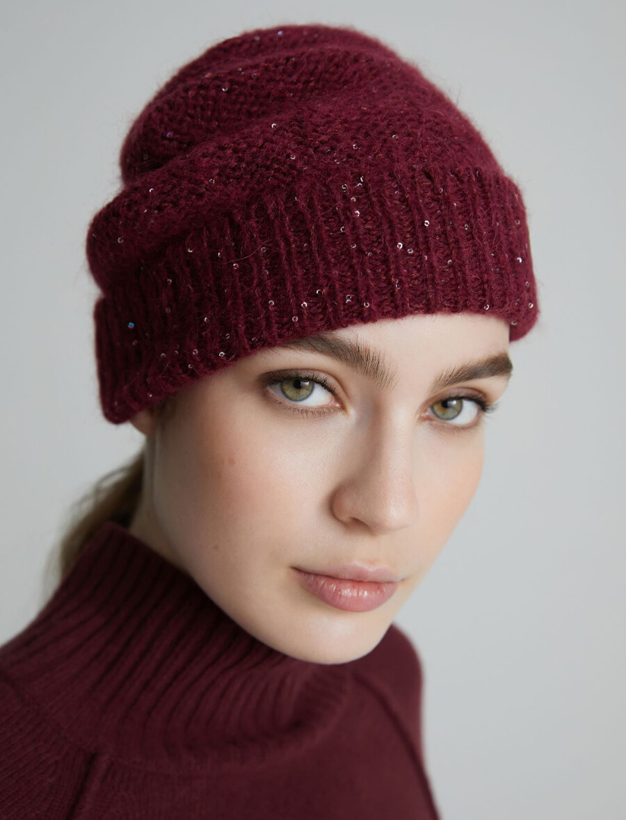 berretto in misto cashmere con paillettes - bordeaux