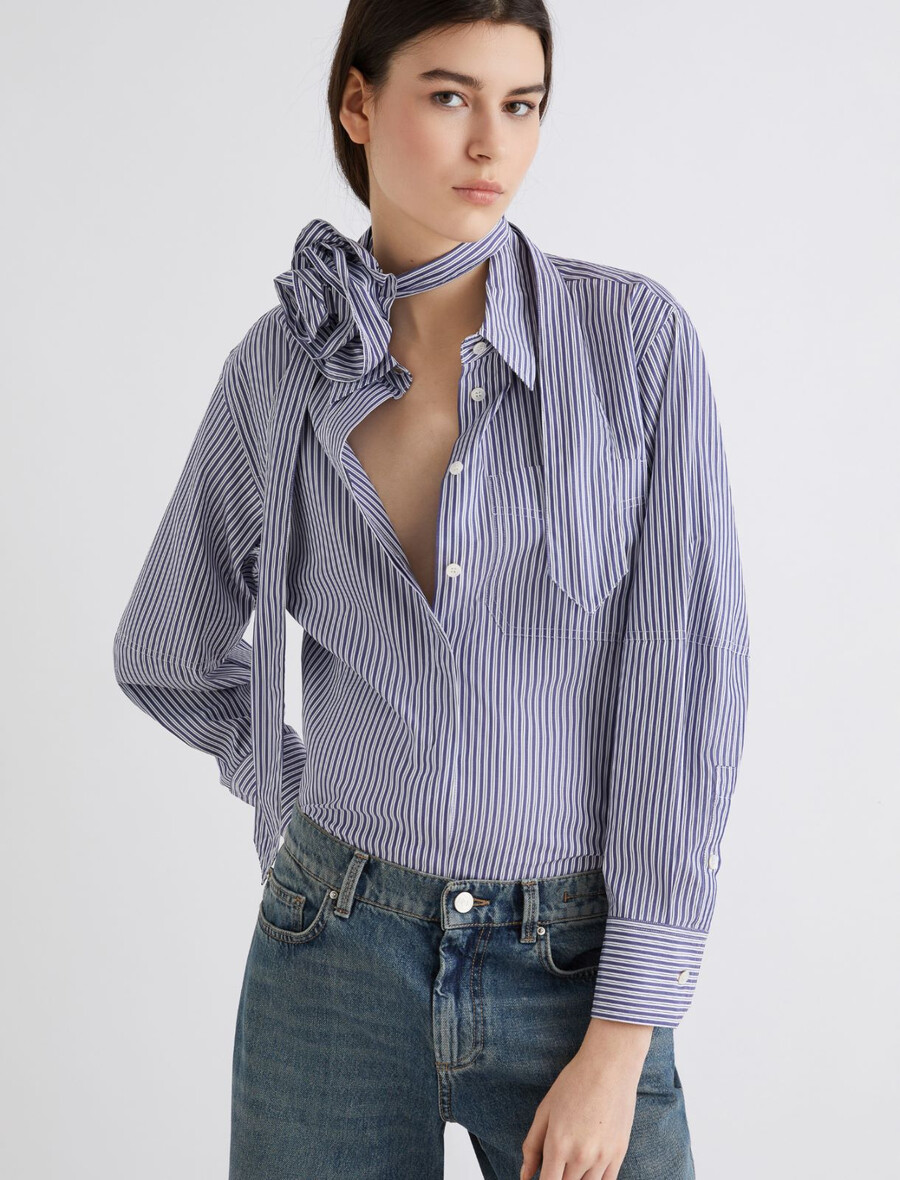 camicia con cravatta e dettaglio floreale - navy