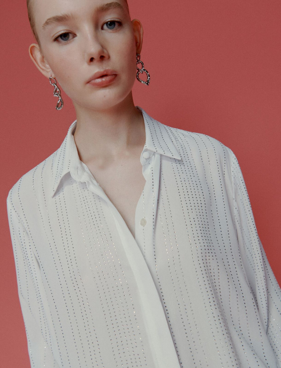 camicia in georgette con strass - bianca