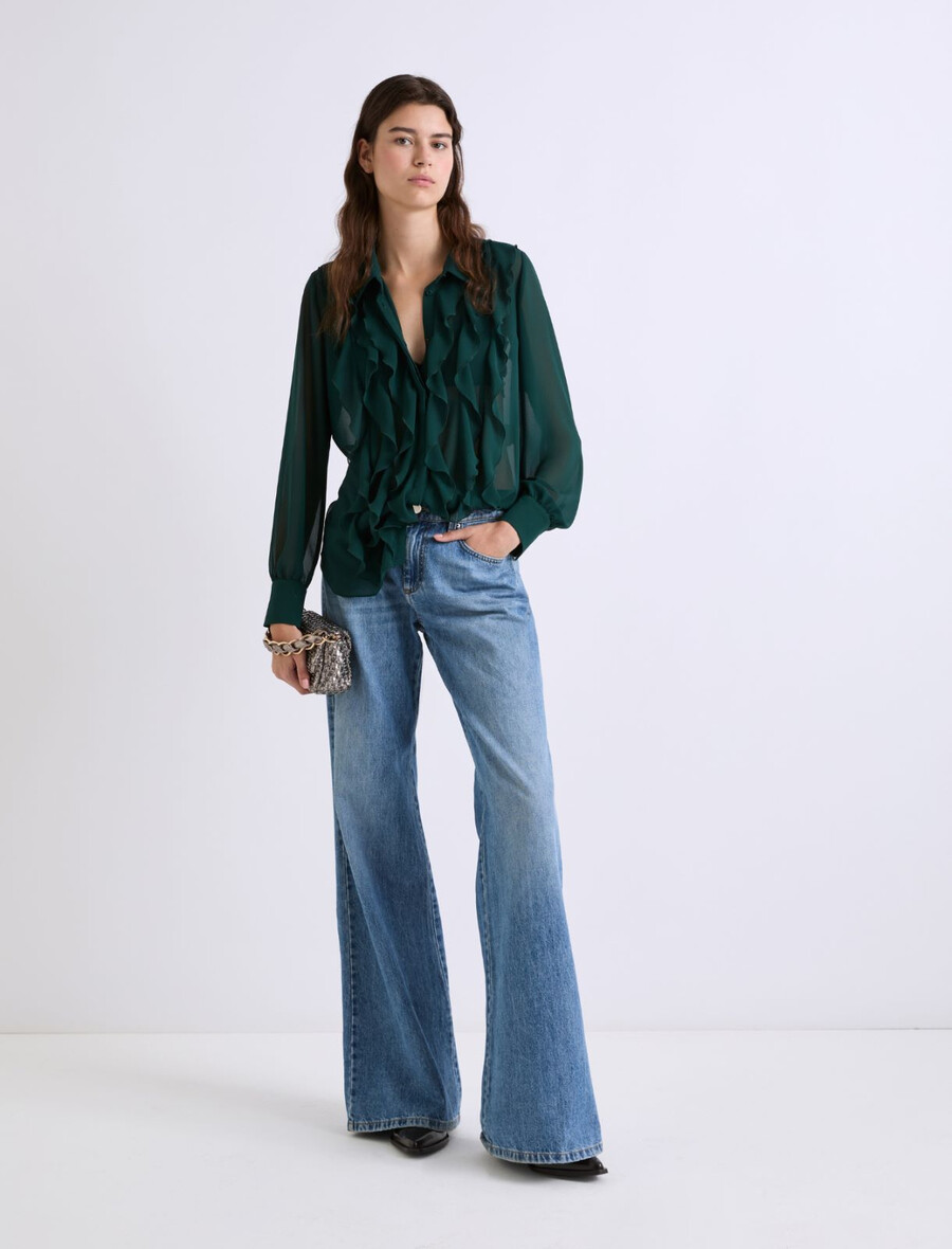 camicia in georgette con volant - verde scuro