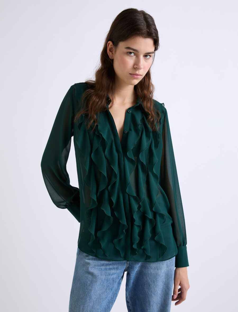 camicia in georgette con volant - verde scuro