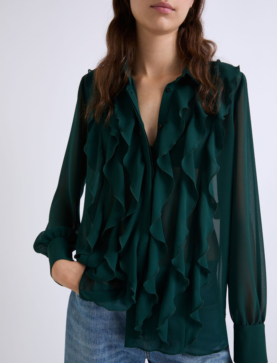 camicia in georgette con volant - verde scuro