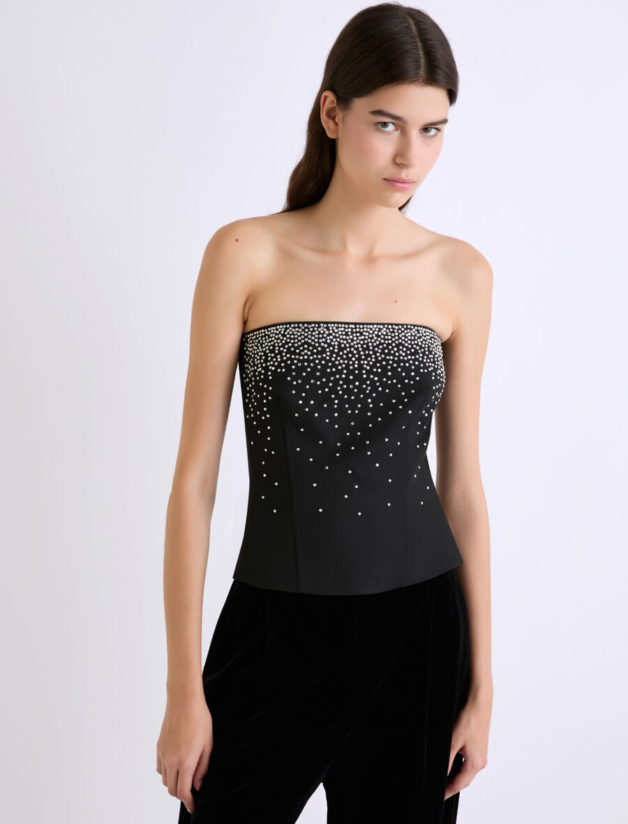 corsetto ricamato con strass - nero