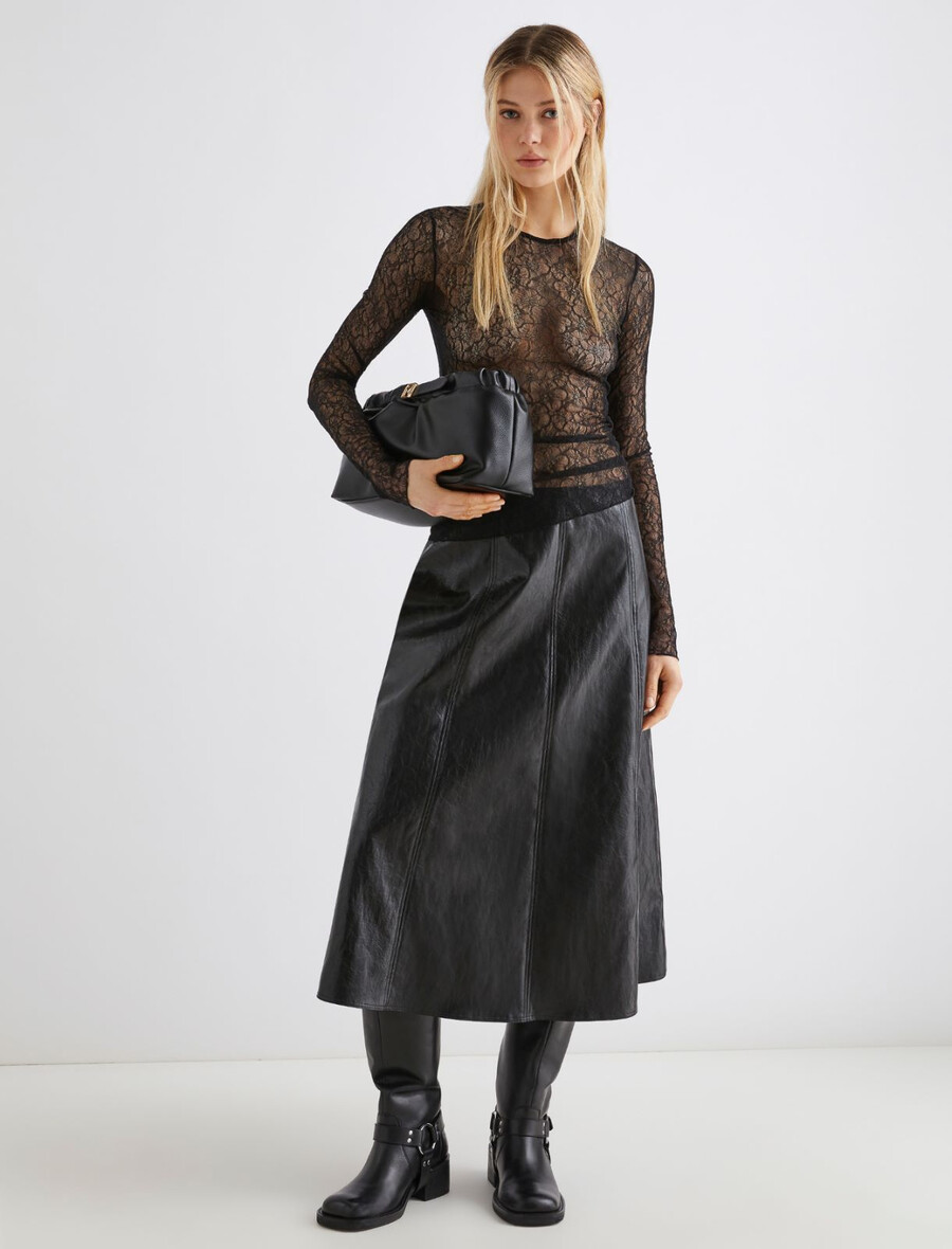 t-shirt in pizzo elasticizzato - nero