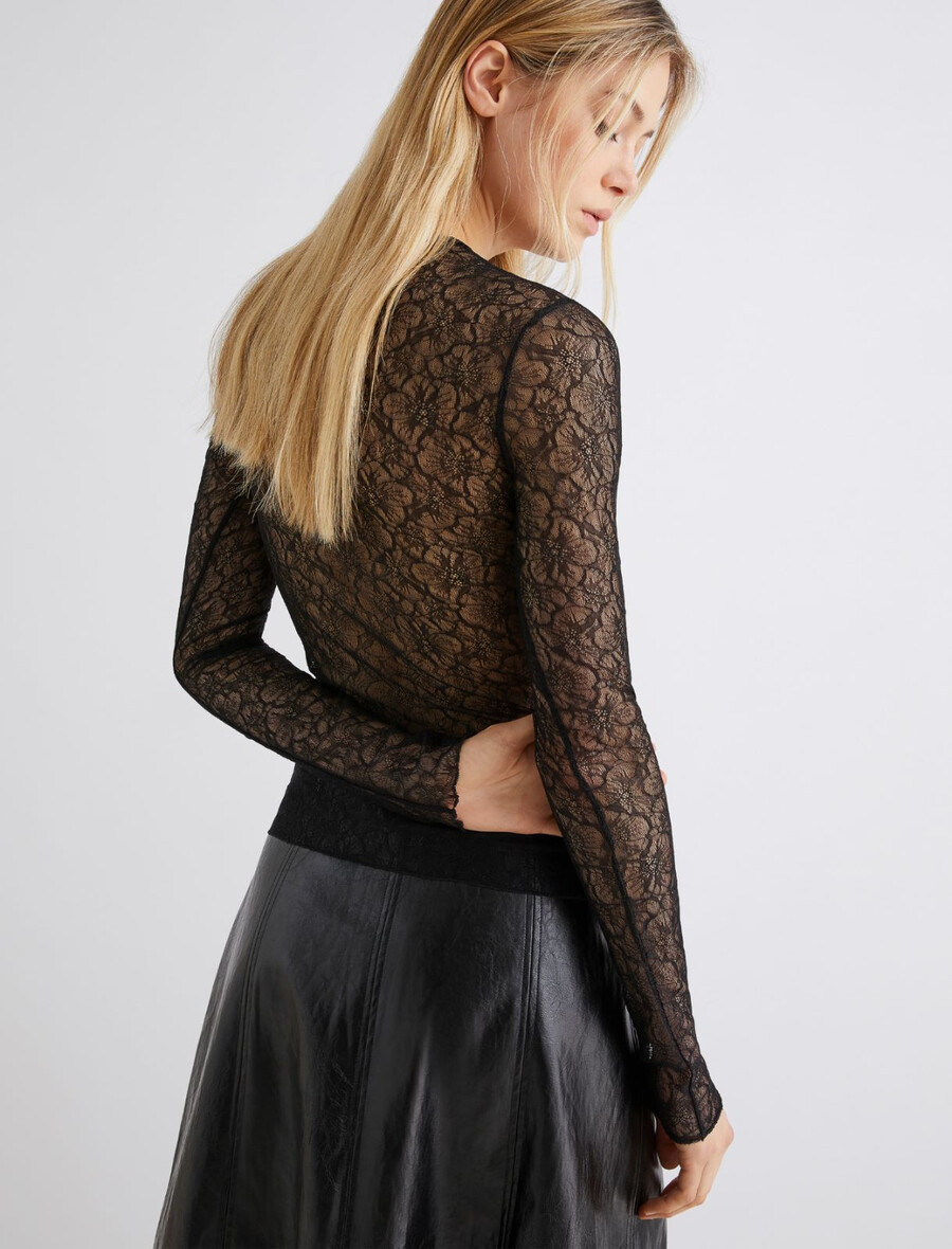 t-shirt in pizzo elasticizzato - nero