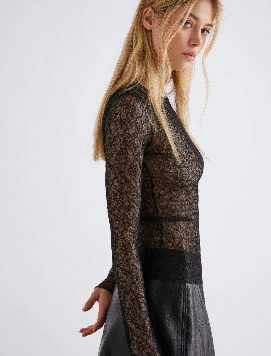t-shirt in pizzo elasticizzato - nero