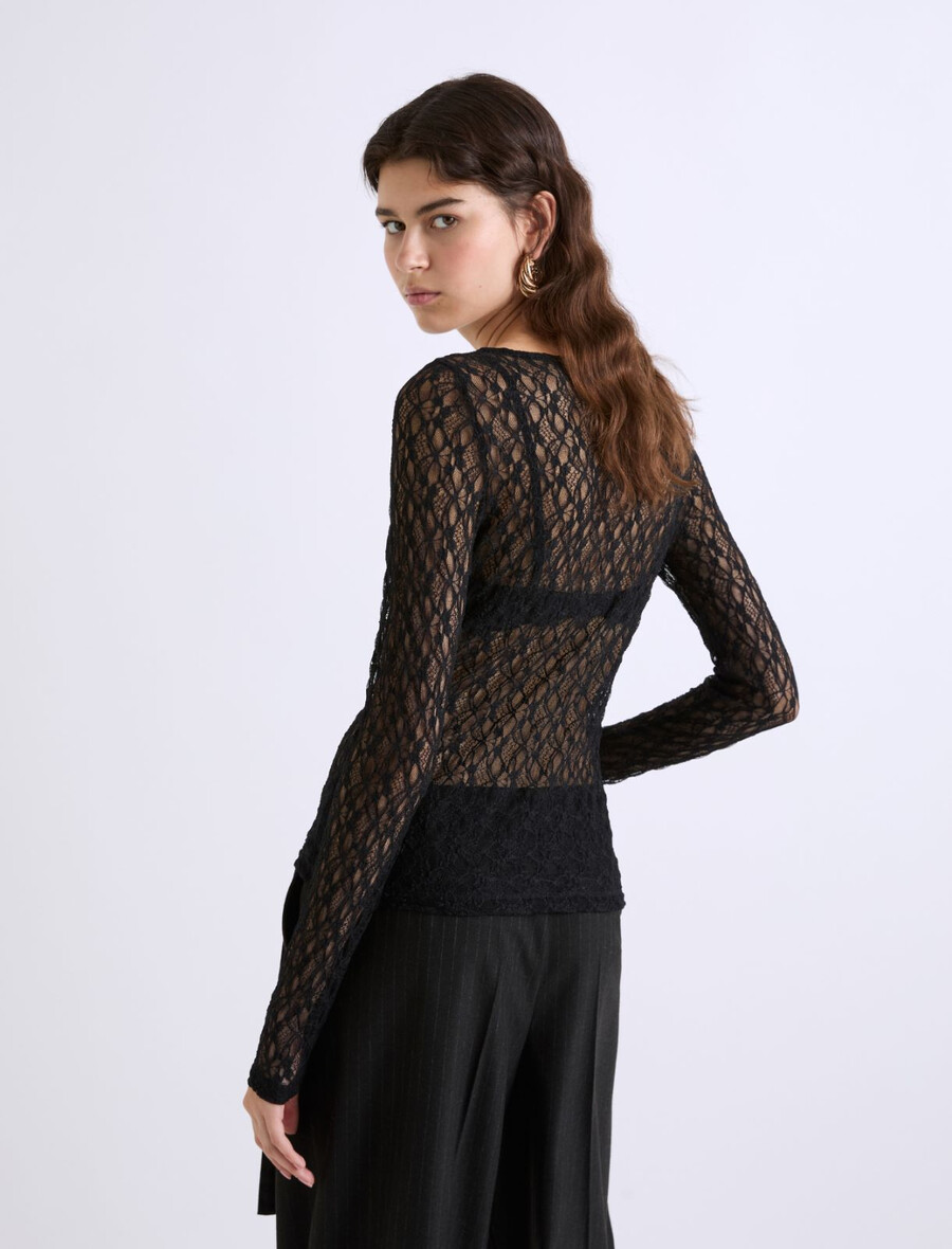 t-shirt in pizzo elasticizzato - nero