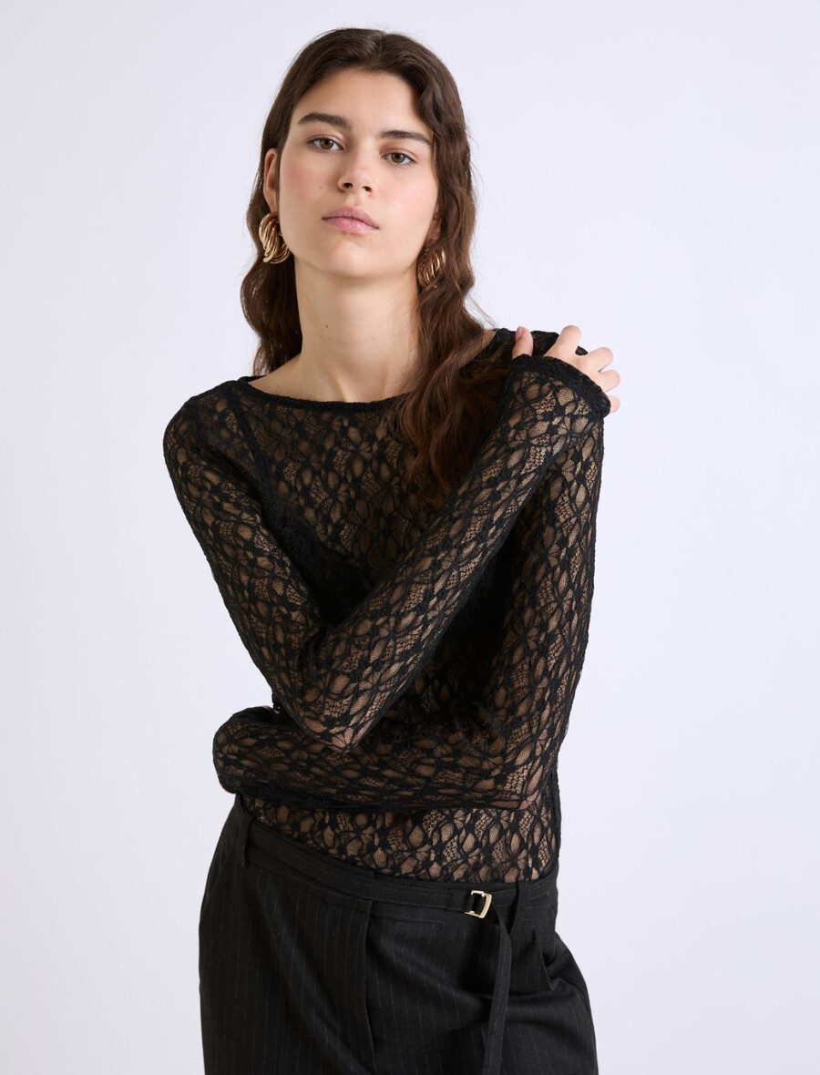 t-shirt in pizzo elasticizzato - nero