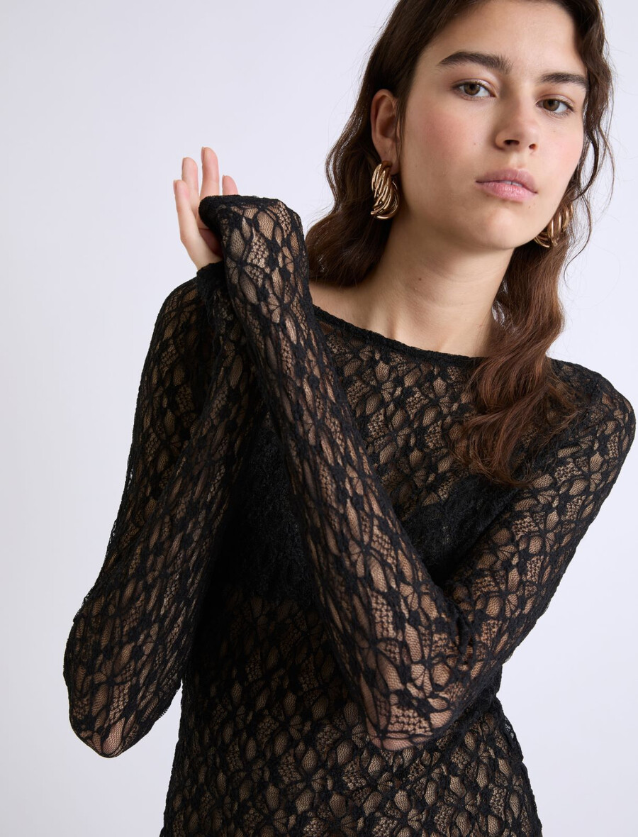 t-shirt in pizzo elasticizzato - nero