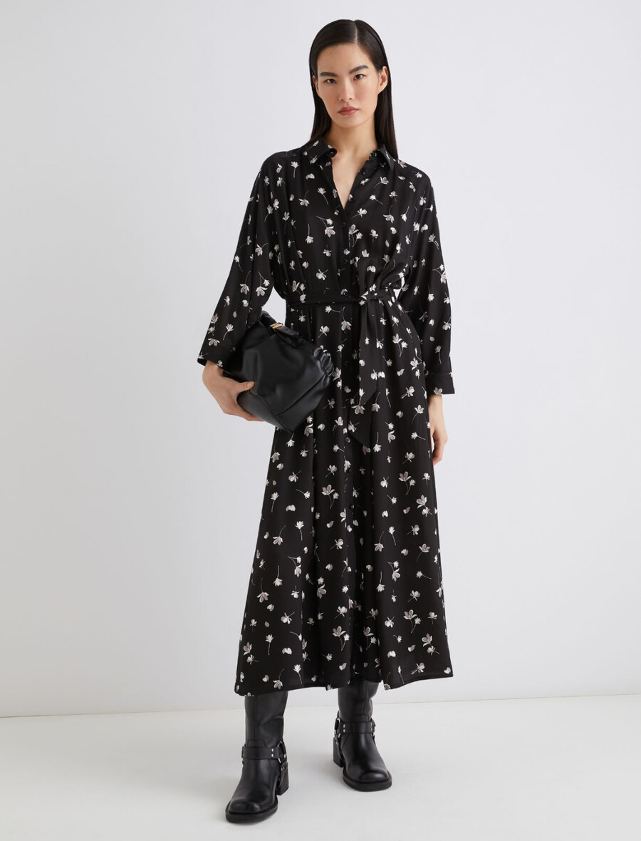 abito camicia in viscosa stampata - nero