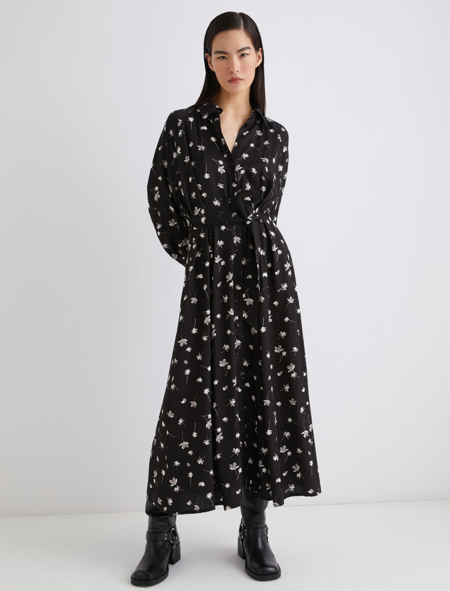 abito camicia in viscosa stampata - nero