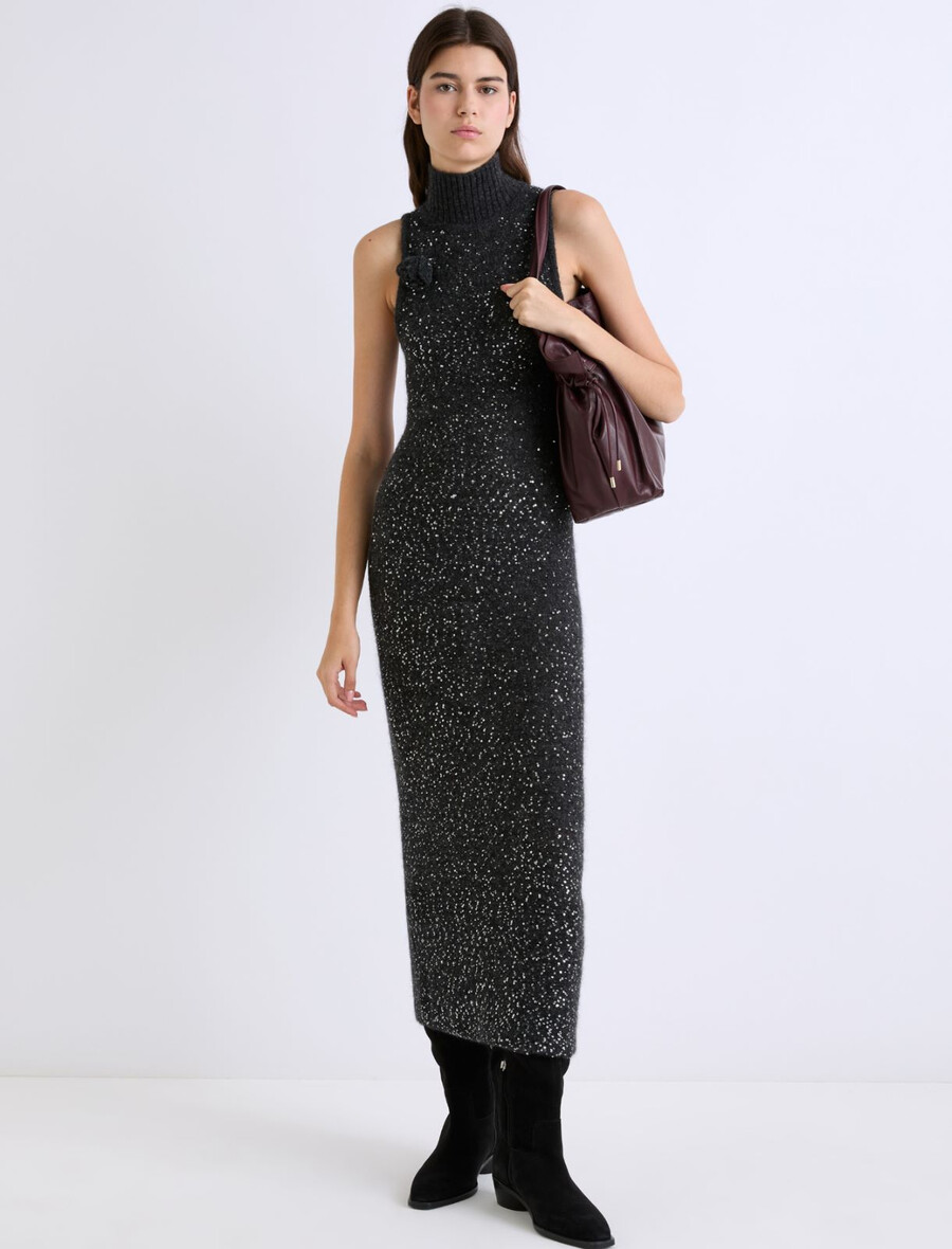 abito senza maniche in alpaca con dettaglio di paillettes - grigio melange