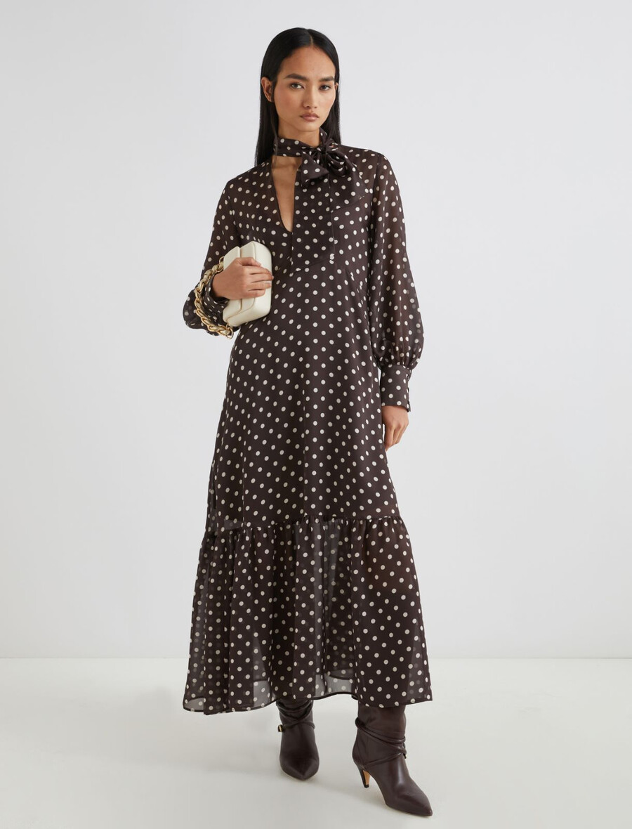 abito a pois con dettaglio foulard - cioccolato