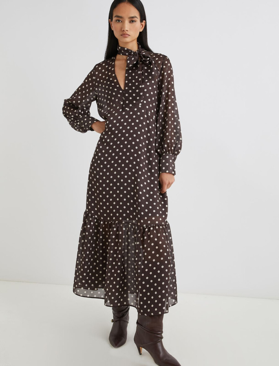 abito a pois con dettaglio foulard - cioccolato